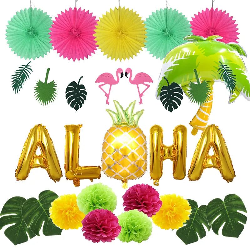 Hawaiian Party Decorations Flamingo Garlands Balloons For ALOHA Luau Party Beach Summer Tropical Birthday  Decoration Supplies