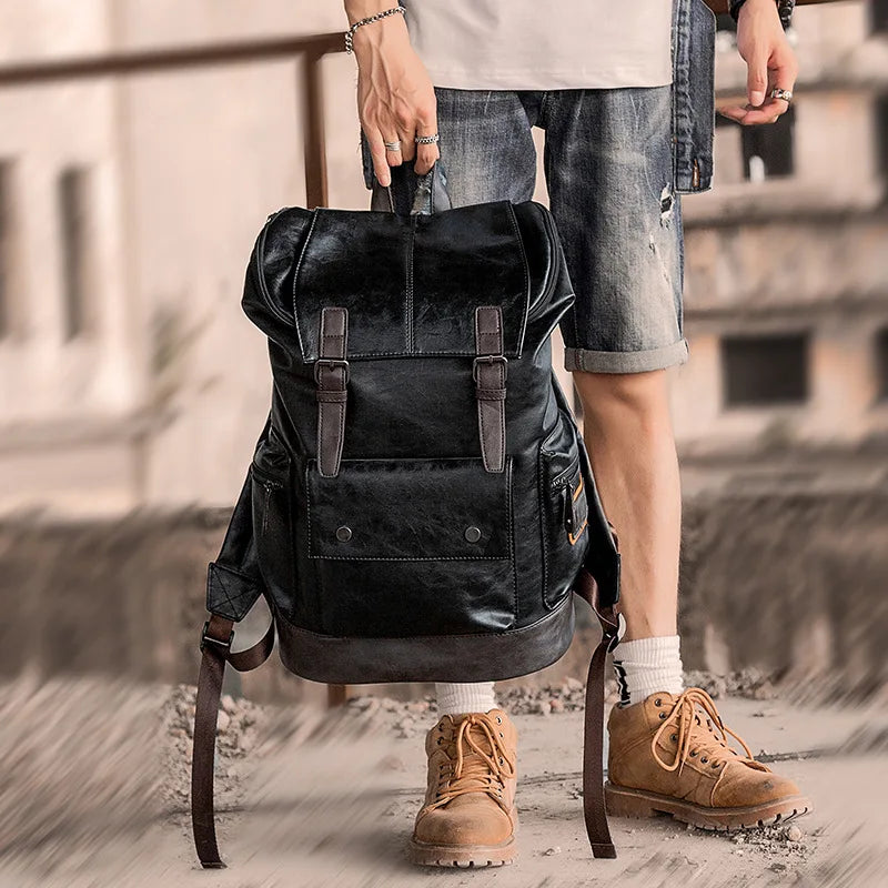 Weysfor Multifunction Men PU Leather Backpack Vintage Canvas Backpacks School Bag Neutral Portable Wearproof Travel Bag