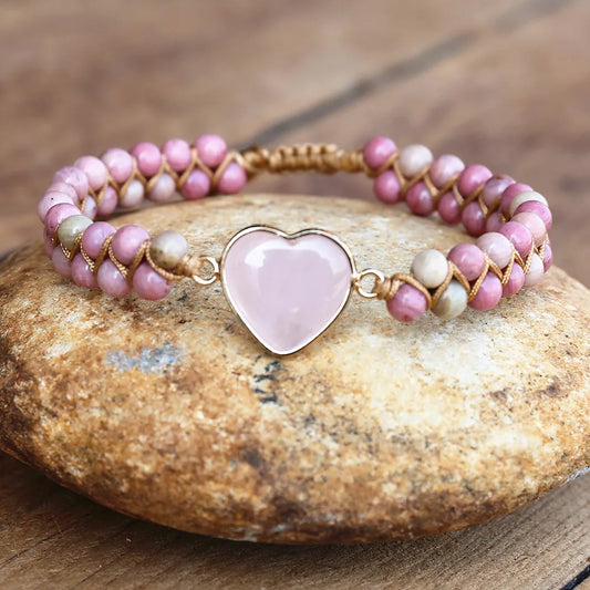 4mm Rhodonite Pink Crystal Heart Charm Bracelets Women Bohemia Yoga String Braided Lover Wrap Bracelet Handmade Jewelry