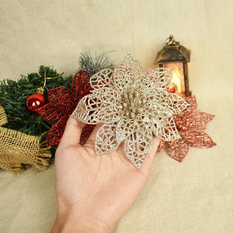 5pcs Glitter Artificial Christmas Flowers Christmas Tree Decoration For Home Fake Flowers Xmas Ornament New Year Party Decor