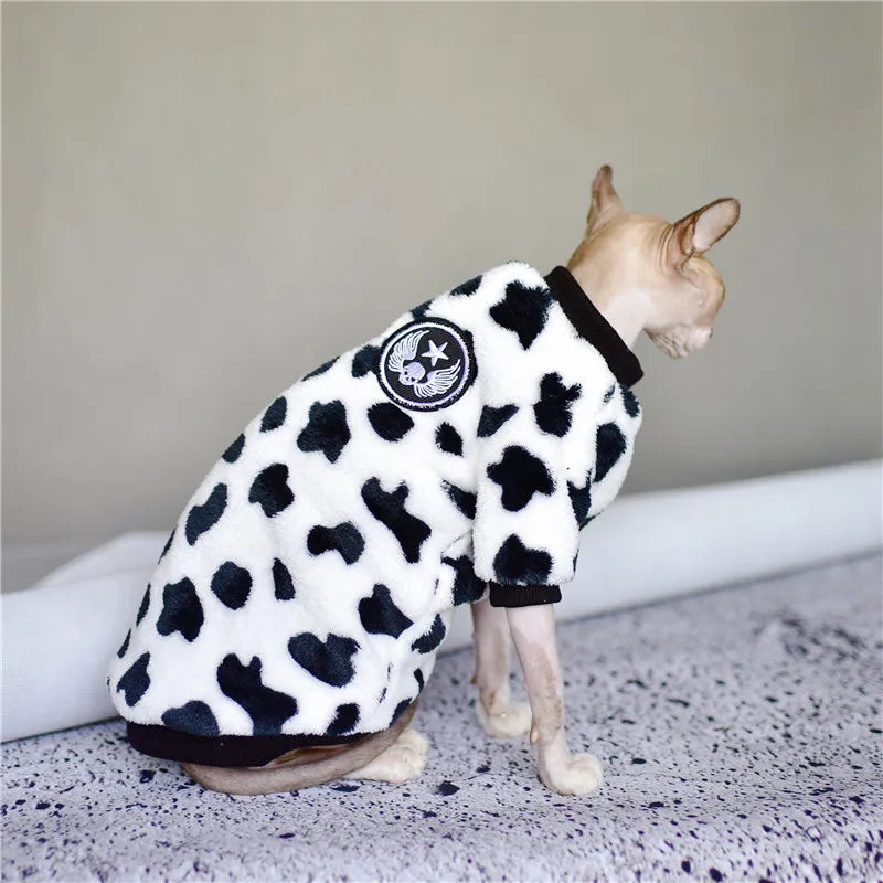 DUOMASUMI Cow Style Hairless cat clothes Double-sided Coral Fleece Cat Outfits Winter Thick Warm sweater Sphynx cat apparel