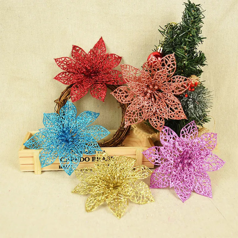 5pcs Glitter Artificial Christmas Flowers Christmas Tree Decoration For Home Fake Flowers Xmas Ornament New Year Party Decor