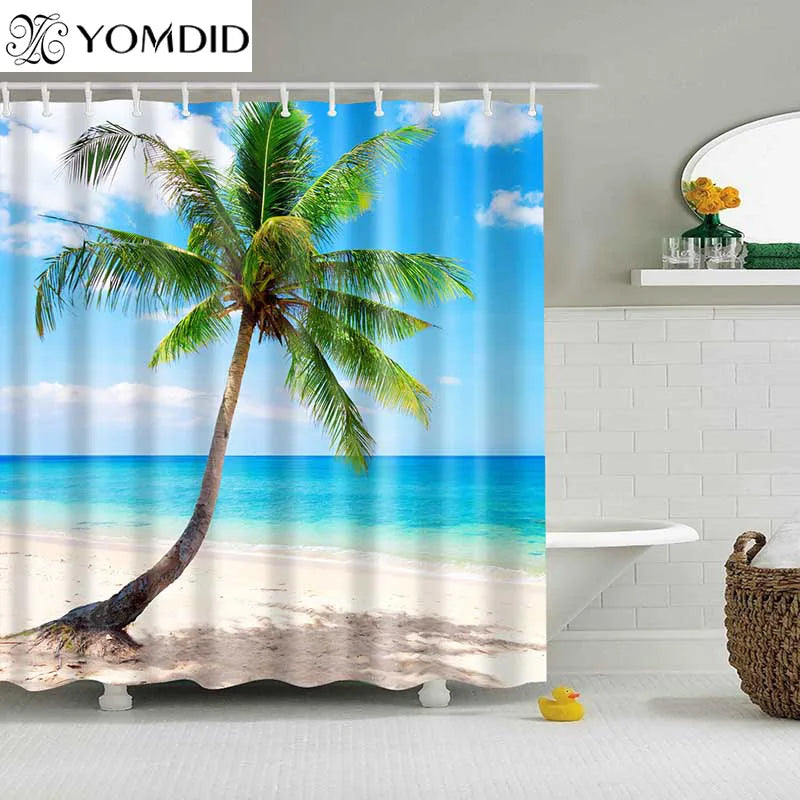 1PC Green Tropical Plants Shower Curtains for Bathroom Polyester Seaworld Shower Curtain Printing Curtain Beach Shower Curtains