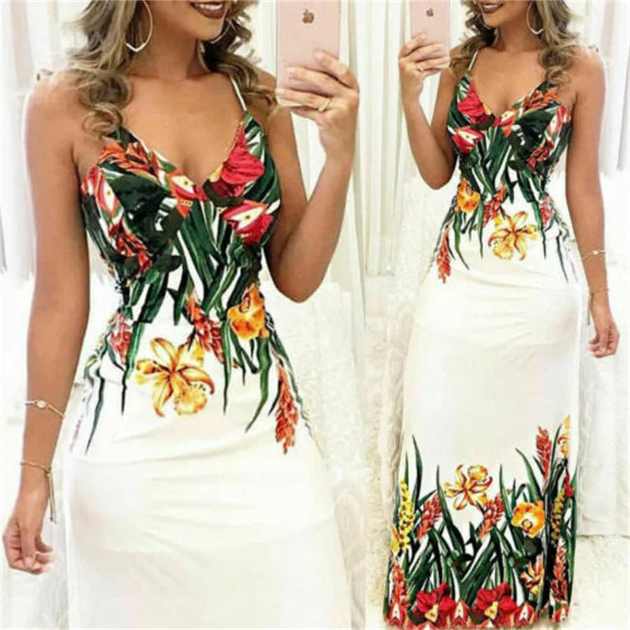 Chic And Elegant Woman Dress Beach Strappy Casual V neck Boho Floral Sleeveless Maxi Party Sundress