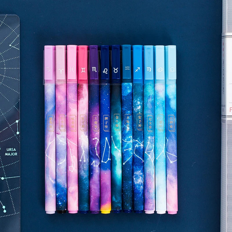 12pcs Creative Twelve Constellations Erasable Gel Pen Set Needle 0.5mm Black Blue Ink Writing Office School Stationery Items