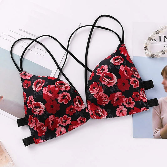 Women Flower Printed Bras Front Buckle Wireless Bralette Sexy Lingerie Comfort Push Up Floral Bras