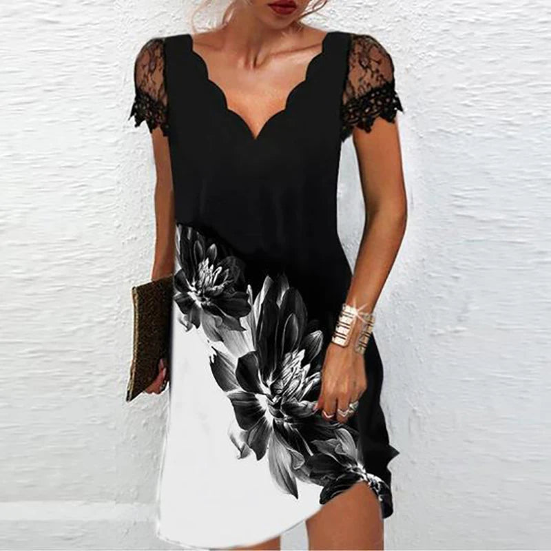 Elegant Dresses for Women V Neck Lace Sleeves Short Dress Women Spring Summer Sexy Ladies Short Sleeve Black Party Dress 2022