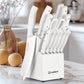 15 Pieces White Carbon Steel Blade Kitchen Knife Set with Real Wooden Stand, Inner Sharpener, and Kitchen Scissors
