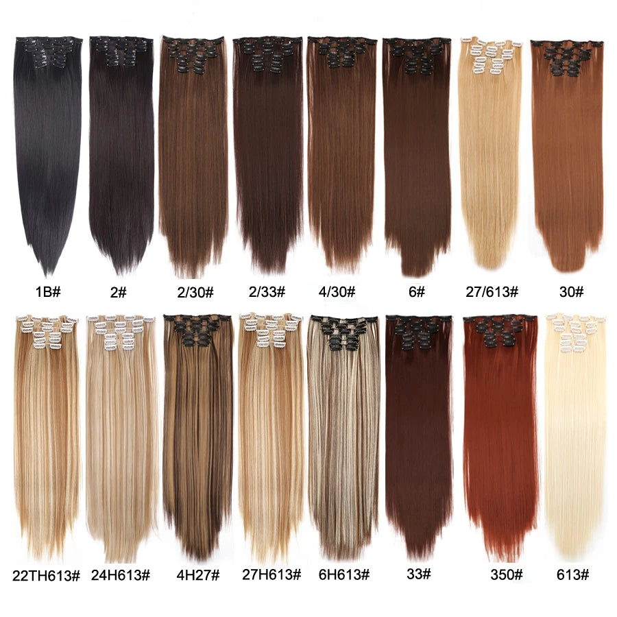 Leeons 16Clips Long Straight Synthetic Clip On Hair Extensions Cheveux Clip Naturel High Temperature Fiber Black Brown Hairpiece