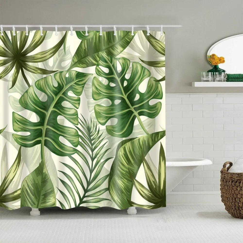 Green Tropical Plants Shower Curtains Bathroom Polyester Waterproof Shower Curtain Leaves Printing Curtains for Bathroom Shower