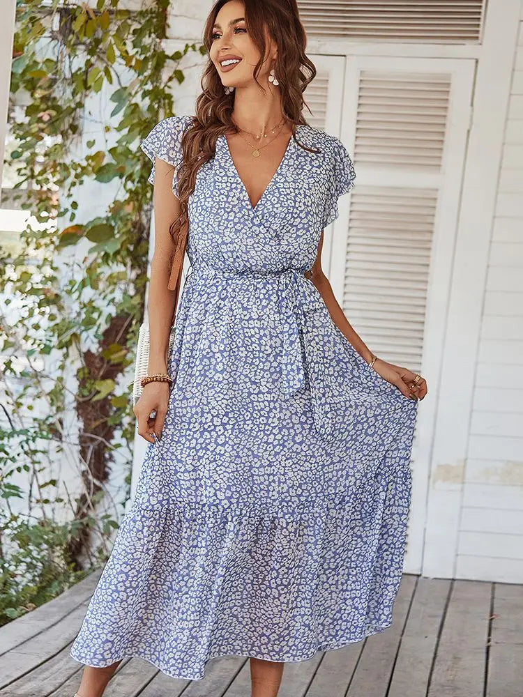 Ladies Vintage Print Chiffon Dress Women Casual Ruffles Long Bohemian Party Beach Summer Dress Women Sundress Female Vestidos