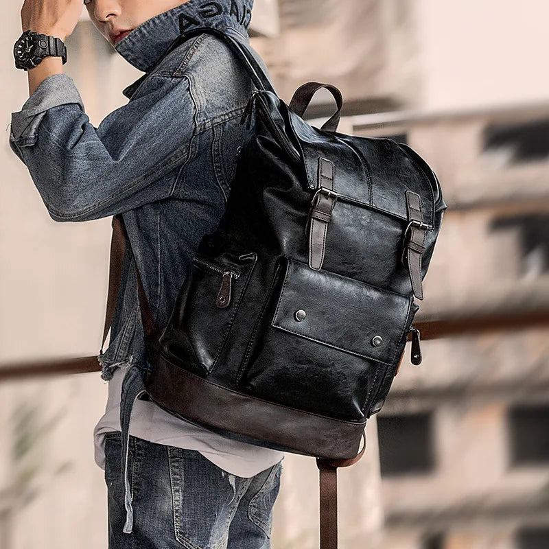 Weysfor Multifunction Men PU Leather Backpack Vintage Canvas Backpacks School Bag Neutral Portable Wearproof Travel Bag