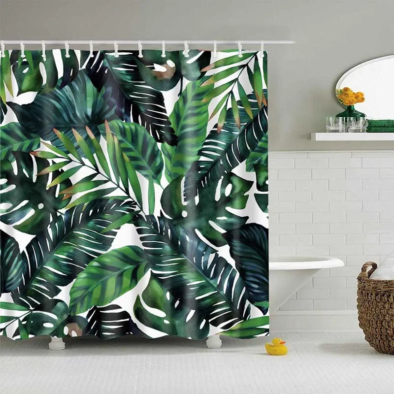 Green Tropical Plants Shower Curtain Bathroom Waterproof Polyester Shower Curtain Leaves 3d Printing Bath Curtains wIth 12 Hooks