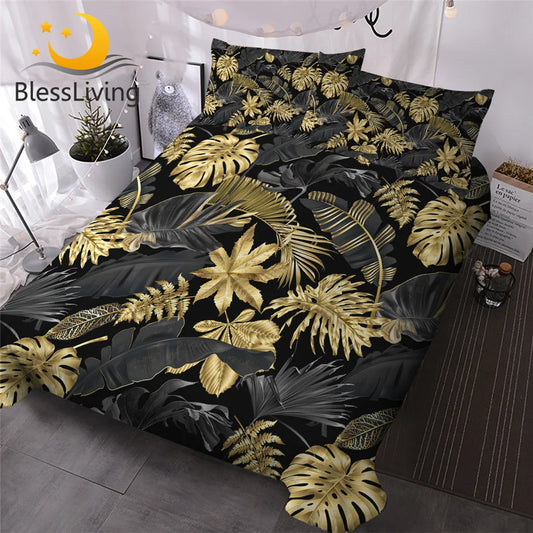 BlessLiving Nature Inspired Bedding Set Tropical Monstera and Palm Leaves 3 Piece Black Gold Trendy Duvet Cover Botanical Chic