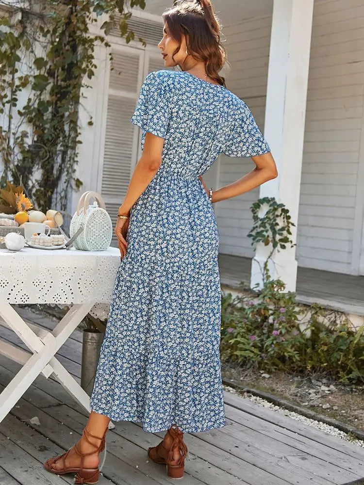 Ladies Vintage Long Floral Print Summer Dress Women Loose Casual Button Bohemian Beach Dress Women Sundress Robe Vestidos Female