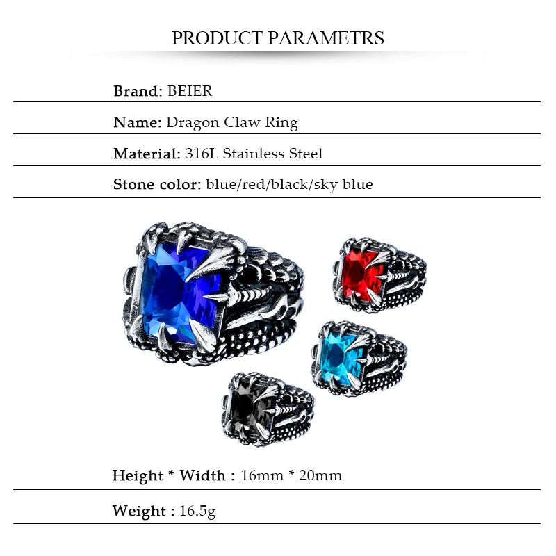 Cool Dragon Claw Ring With Red/Blue/Black Stone Stainless Steel CZ Ring Man's Hiqh Quality Jewelry Wholesale Price BR8-178