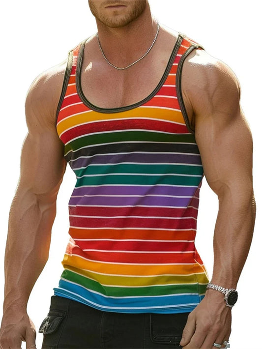 Mens Retro Stripe 3D Printed Tank Tops Fashion Summer Sleeveless Casual Sports Vest Loose Quick Dry Breathable Tees Clothes