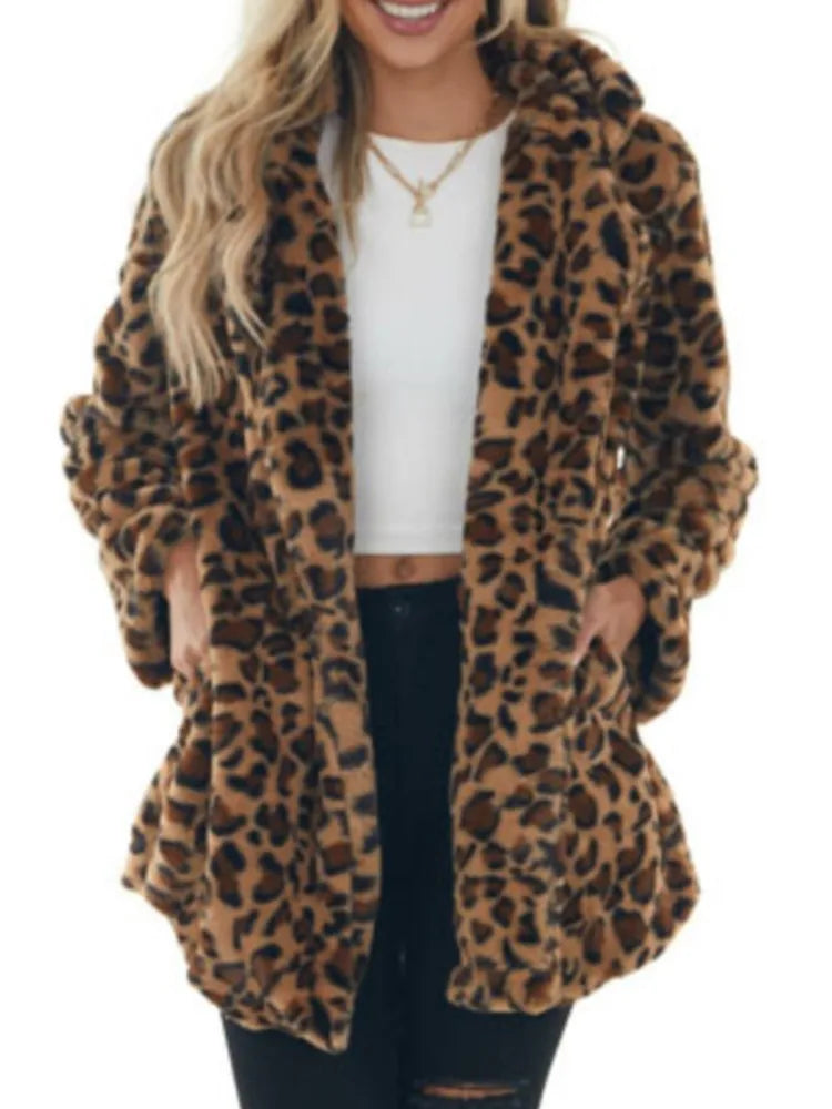 Fashion Lapel Long Sleeve Mid-length Rabbit Fur Coat For Women Autumn Winter Simple Casual Pocket Loose Leopard Coats Female