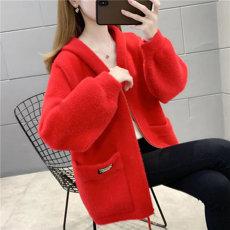 Women Jacket Autumn Winter New Fashion Imitate Mink Velvet Coat 2024 Female Short Hooded Thick Warm Wool Coat Outerwear Tops