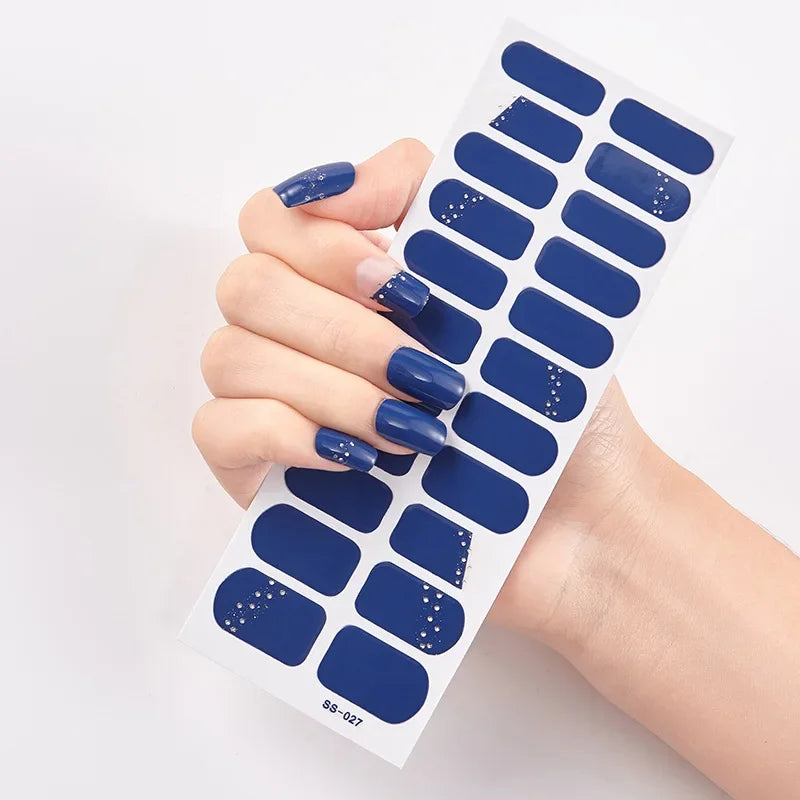 22pcs Blue Gel Nail Patch Slider Glitter Pink Adhesive Full Coverage Gel Nail Patch UV Lamp Cured Manicure for Woman & Girl