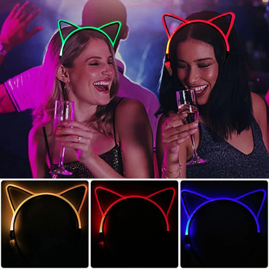 Cat Ears Headband LED Shiny Hair Accessories Cute Bling Hairband Light up Colorful Luminous Hairbands for Party Supplies