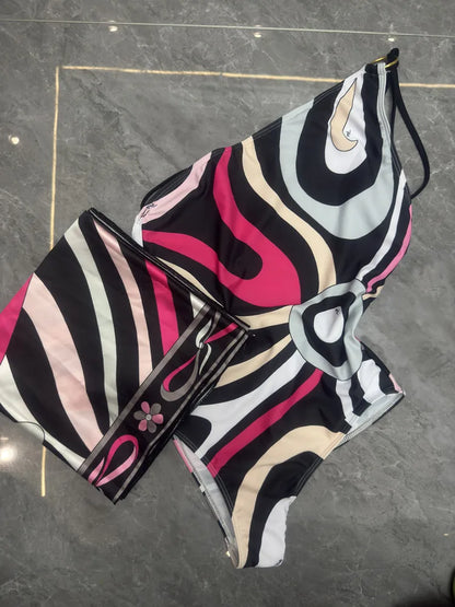 Women Swimsuit Split Swimsuit Bikini Striped Geometry Pattern One-Piece Swimsuit
