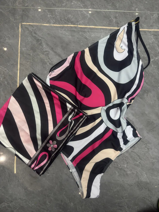 Women Swimsuit Split Swimsuit Bikini Striped Geometry Pattern One-Piece Swimsuit