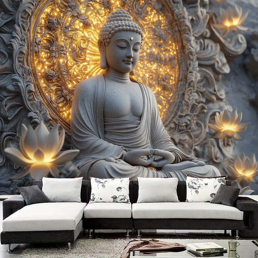 1pc Giant Spiritual Buddha Statue and Lotus Tapestry Wall Hanging - Polyester Peach Light Beige Fabric for Living Room, Bedroom