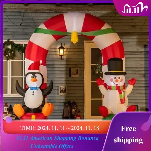 9.8ft Christmas Inflatables Archway Outdoor Decorations Lighted Candy Cane Archway with Penguin Snowman Sit on Gift Box