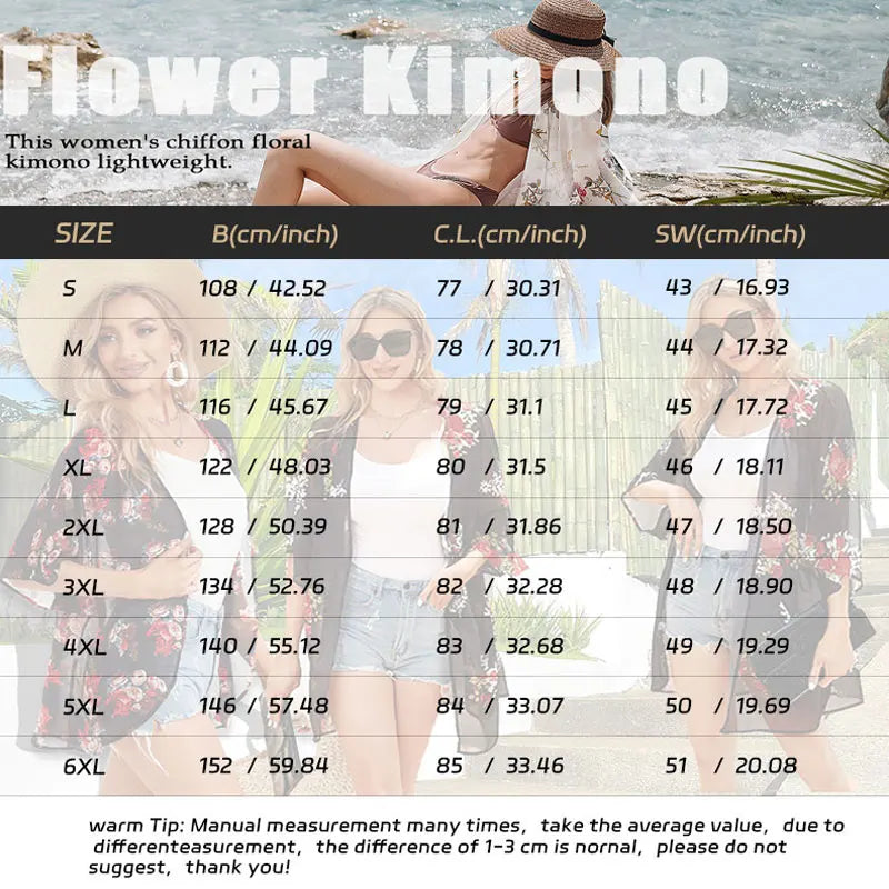 Women'S Summer Beach Kimono Cardigan Floral Print Chiffon Loose Top Bikini Cover Up Sexy Transparent Shawl Oversize Cardigan