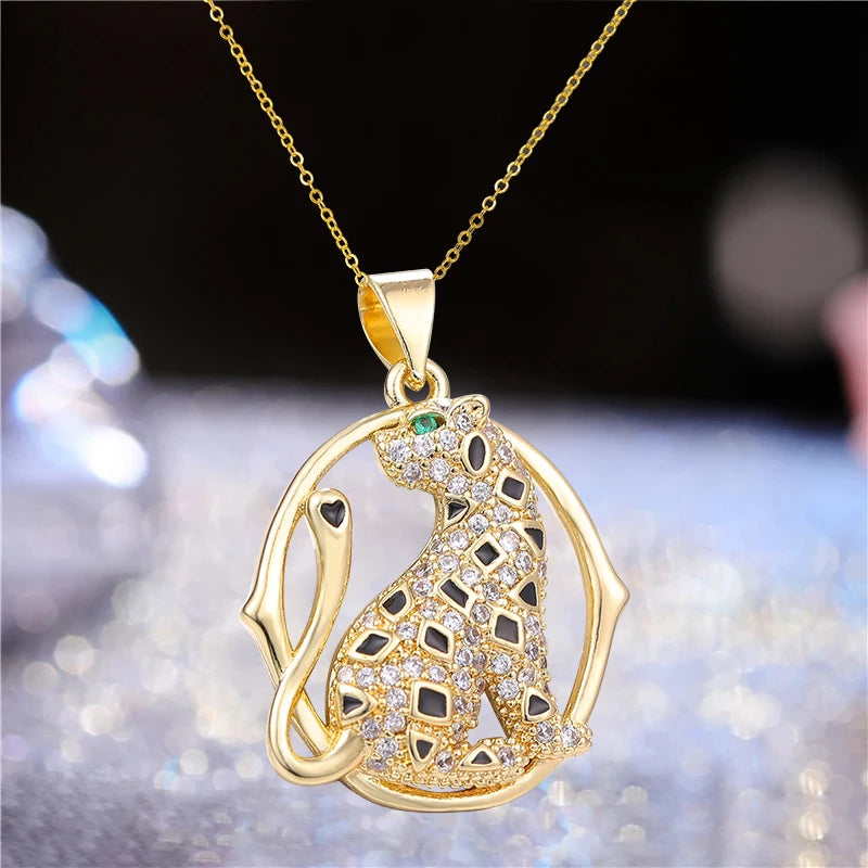 Juya 18K Real Gold Plated Micro Pave Zircon Butterfly Horse Bees Cat Leopard Pendant Necklace For Women Birthday Christmas Gift