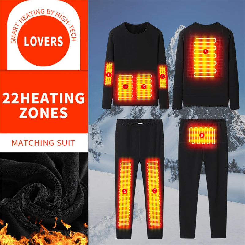 Winter Thermal Men Women Heated Underwear USB 10-22 Zone Area Heated Lined T-shirts Middle-aged Seniors Electric Heating Pajamas