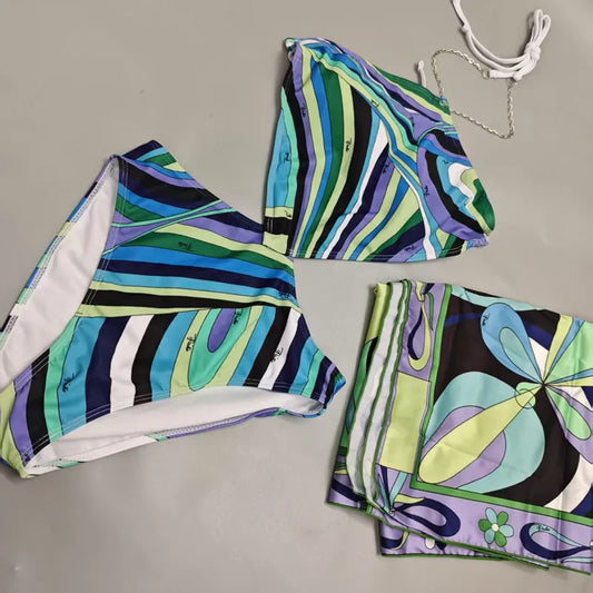Women Swimsuit Split Swimsuit Bikini Striped Geometry Pattern One-Piece Swimsuit
