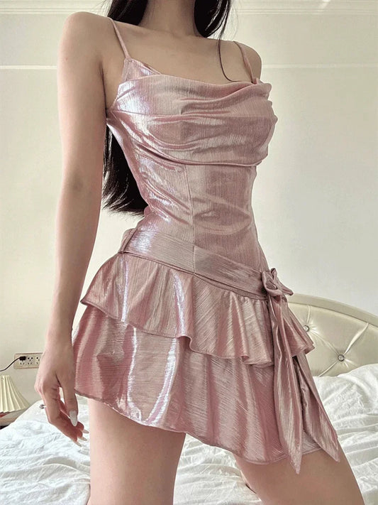 2024 Sexy Ruffle Y2k Mini Dress Pink Asymmetrical Bodycon Summer Dress Elegant Party Dress for Women Fashion Bow Knot Vestidos