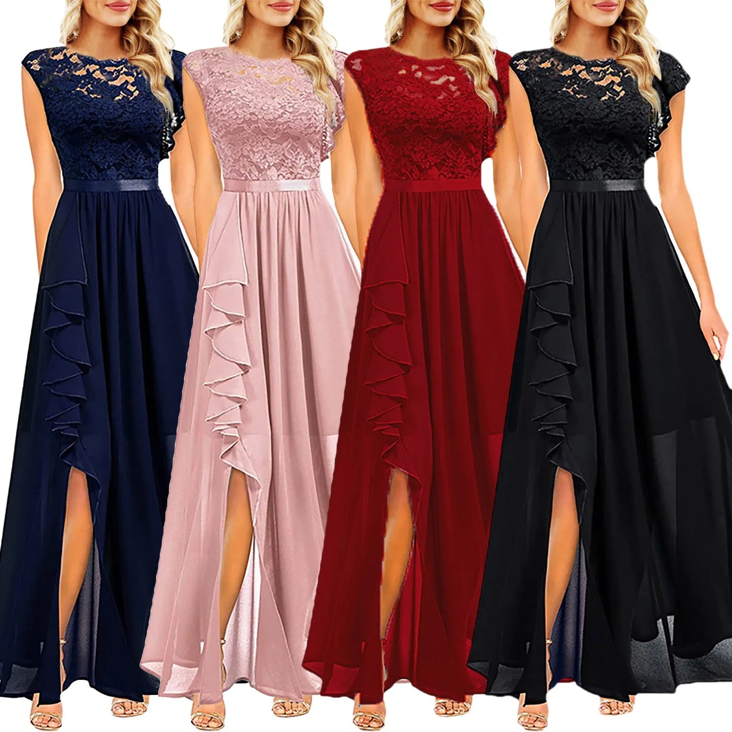 2024 Women's Elegant Long Maxi Dress High Waist Round Neck Party Wedding Fashion Dress Robe Vintage Spliced Lace Chiffon Dress