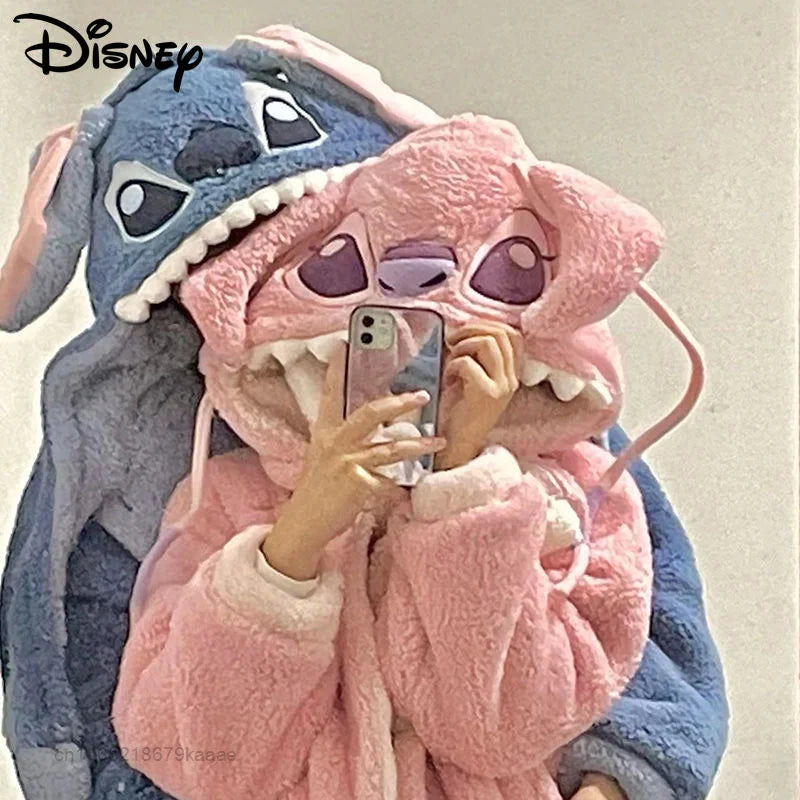 Disney Cute Stitch Home Clothes Women Men Plush Soft Nightgown Robes Y2k Cute Thick Pajamas Long Coat Cartoon Flannel Bathrobe