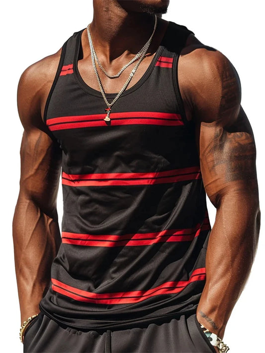 Mens Retro Stripe 3D Printed Tank Tops Fashion Summer Sleeveless Casual Sports Vest Loose Quick Dry Breathable Tees Clothes