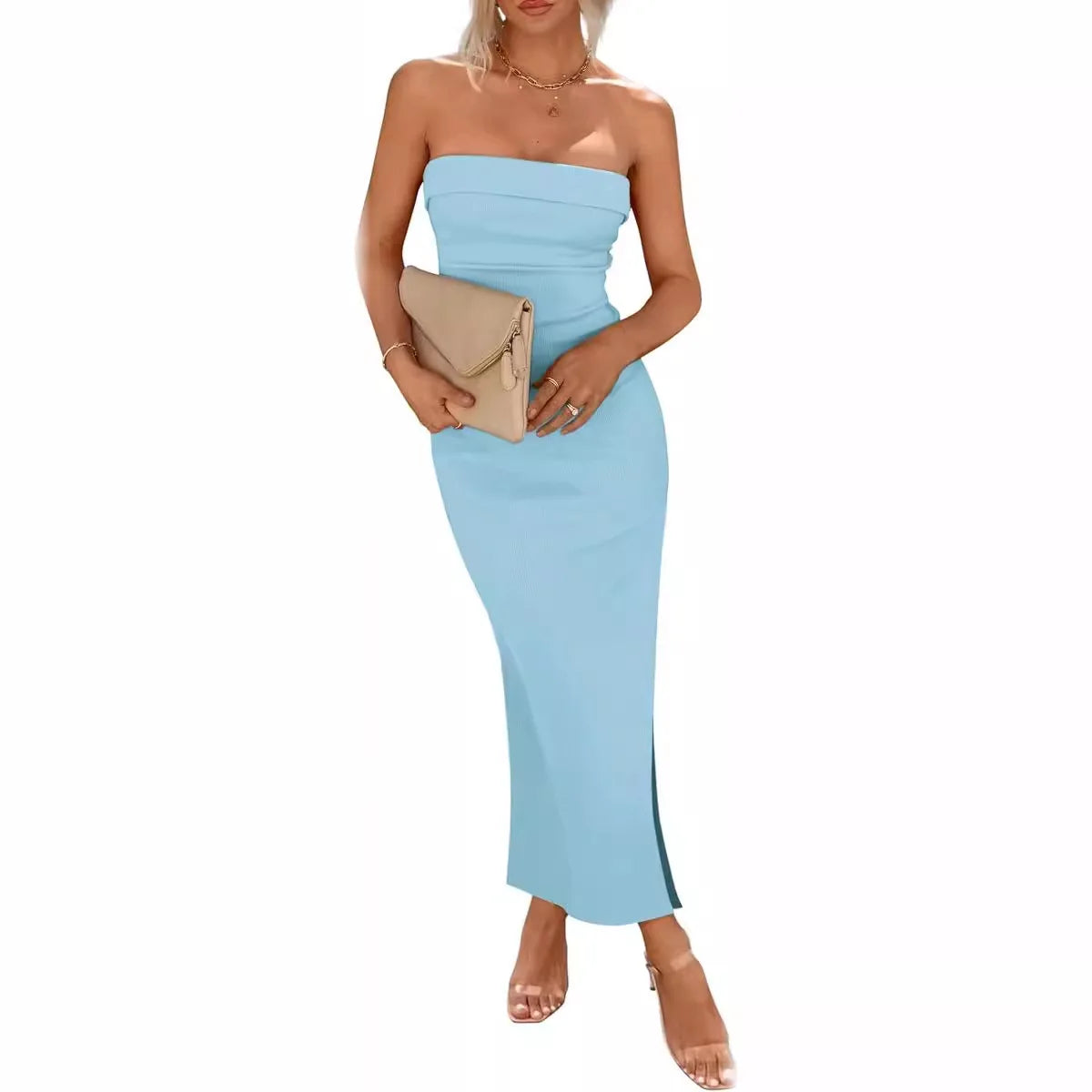 2024 Summer New Tube Top Slim Long Dresses Women Sexy Sleeveless Solid Color Package Hip Bodycon Slit Dress Temperament Female