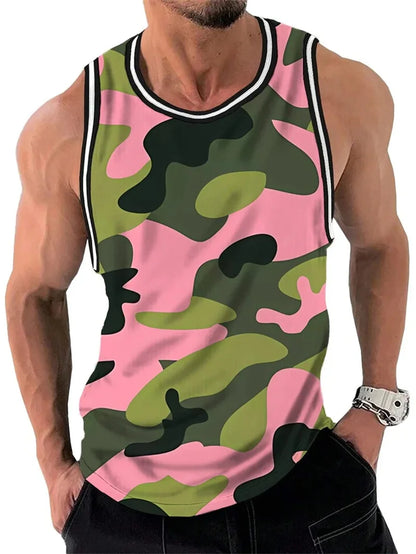 Men's Retro Ethnic Print Crew Neck Tank Top Texture Plaid Stripe 3d Vest Fashion Street Sleeveless Breathable Casual Sport Tops