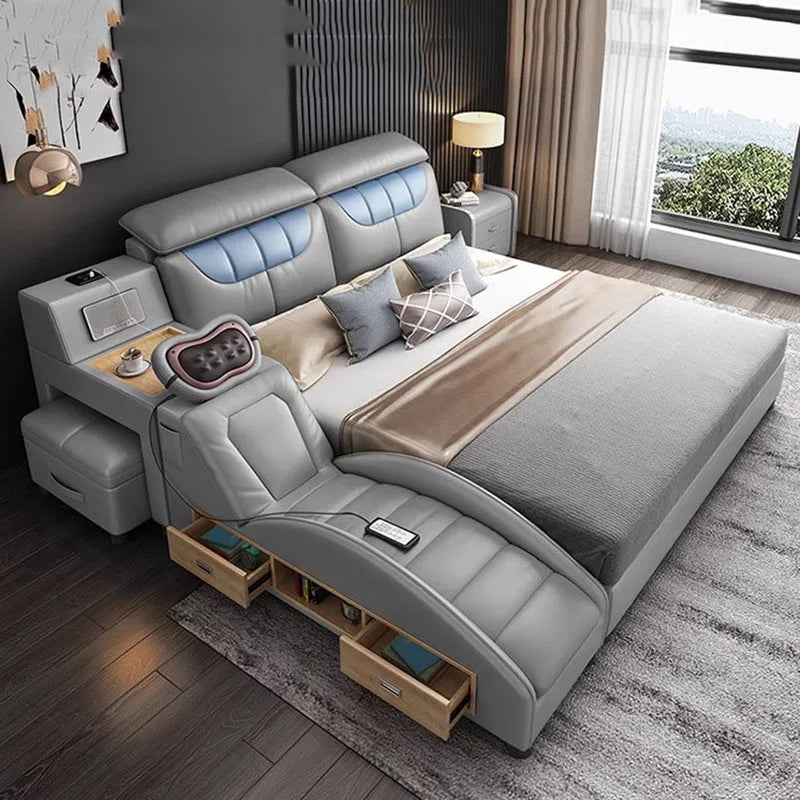 Cute Queen Size Double Bed Aesthetic Unique Nordic Multifunctional Leather Double Bed King Modern Cama Box Casal Furniture