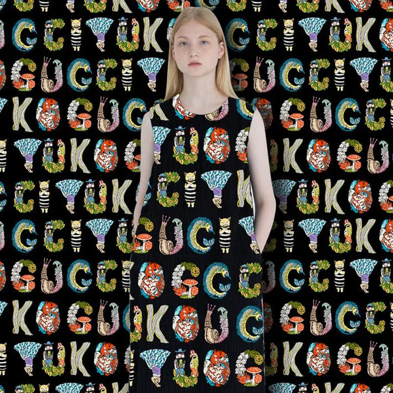 English alphabet animal digital print dress fabric European designer summer parent-child alphabet print shirt fabric