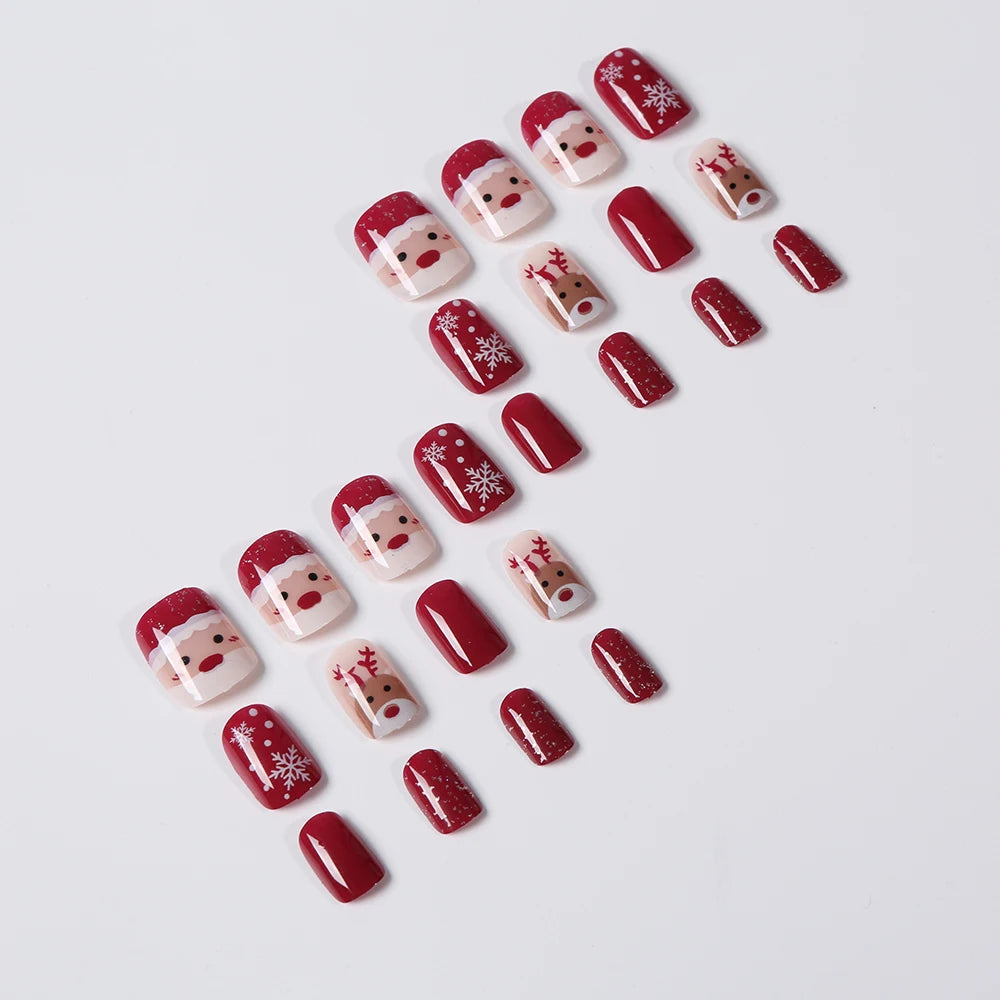 24pcs Medium Square Red Christmas Press On Nails Cartoon Santa Claus Deer Flase Nails Full Cover New Year Nail Decorations HTD53