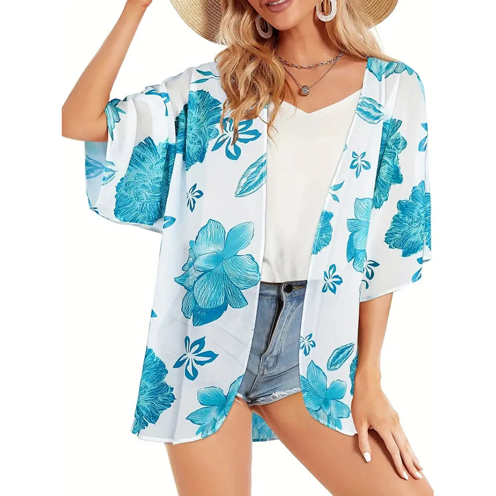 Women'S Summer Beach Kimono Cardigan Floral Print Chiffon Loose Top Bikini Cover Up Sexy Transparent Shawl Oversize Cardigan