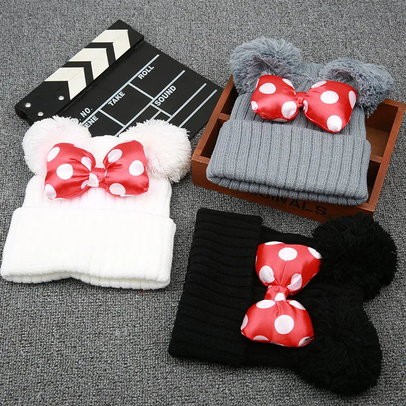 2022 New Cute Polka Dot Cartoon Big Bow Elastic Baby  Hat Children's Knit Cotton Beans Autumn Winter Warm Girl Double Pompom Cap