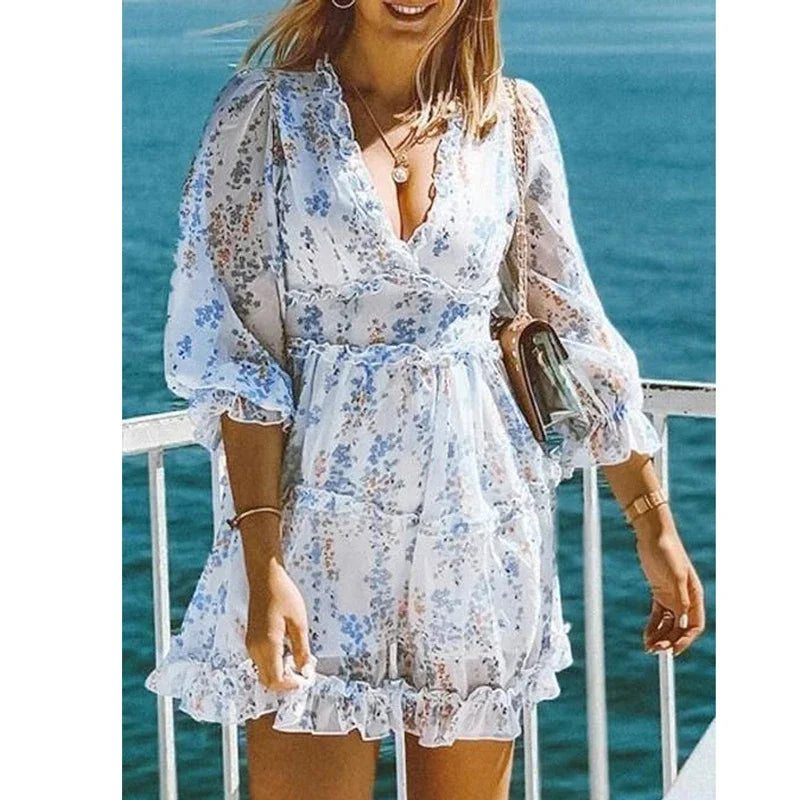 BOHO INSPIRED Harlow Floral Print Ruffle Dress women backless V-neck dress women mini summer dress ladies 2024 party dresses