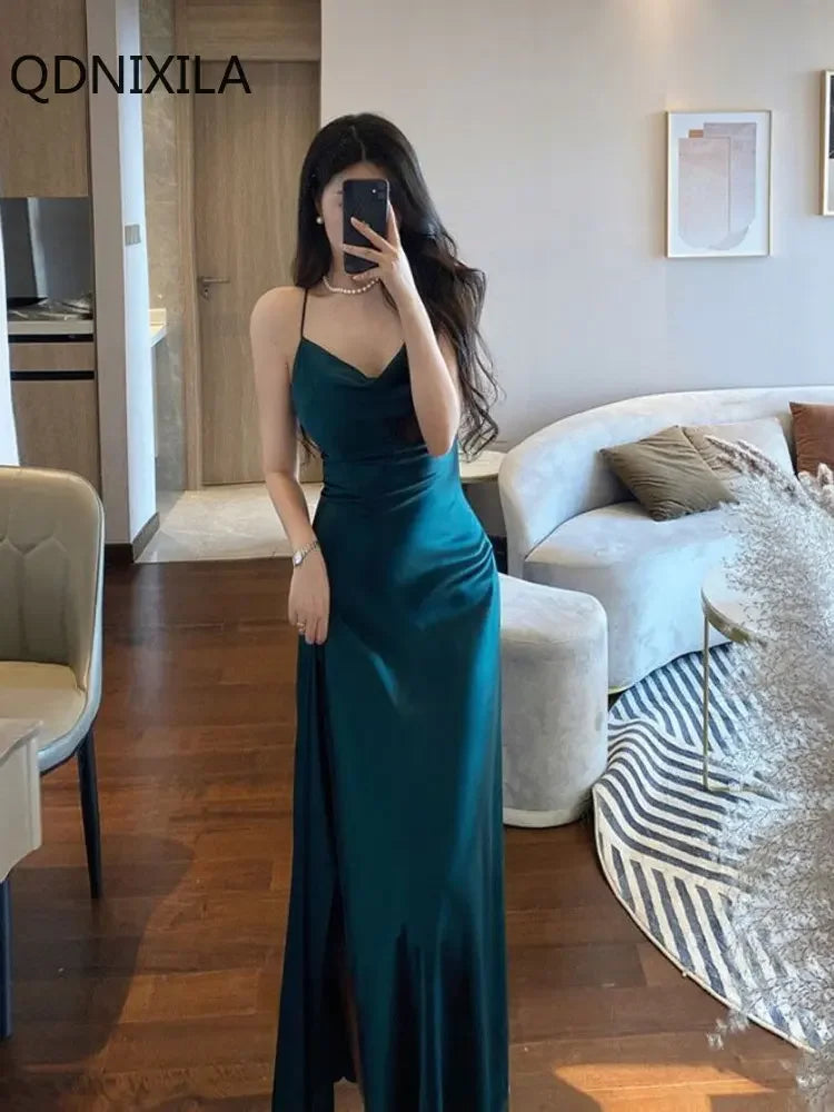 Women's Summer Dress Solid Satin New in Dresses Slim Fit Open Back Spaghetti Strap Party Dresses Sensual Sexy Dress for Women