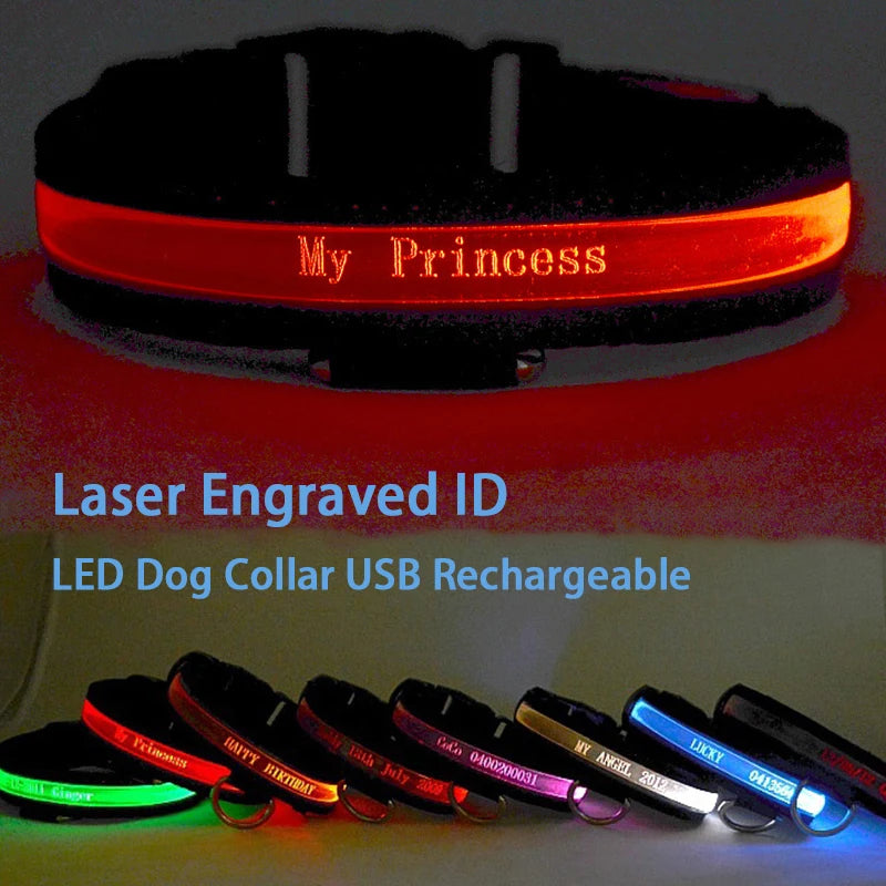 Flashing Dog Collar Personalized With Name LED Light USB Rechargeable Airtag Necklace Adjustable Glowing Collar For Dog Cat Safe