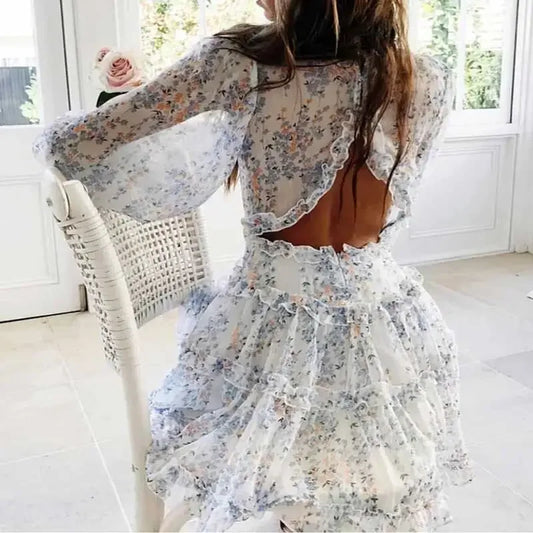 BOHO INSPIRED Harlow Floral Print Ruffle Dress women backless V-neck dress women mini summer dress ladies 2024 party dresses