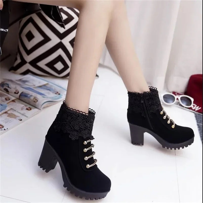 Women Classic Round Toe Brown Autumn & Winter Square Heel Boots Lady Fashion Black Winter Warm Fur Shoes Bottes De Femmes F15c