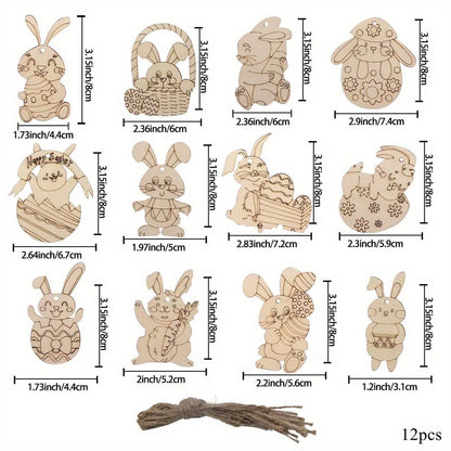 12PCS Wooden Rabbit Slice Ornament Carton Egg Bunny DIY Painting Hanging Pendants For Happy Easter Spring Party Decorations